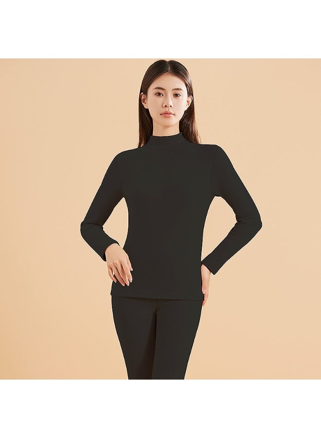 NIBEMINENT طقم دافئ مكون من 2 قطعة للنساء بياقة شبه عالية من الكشمير والحرير، طقم ملابس داخلية سميك، بنطلونات طويلة أساسية - Image 1