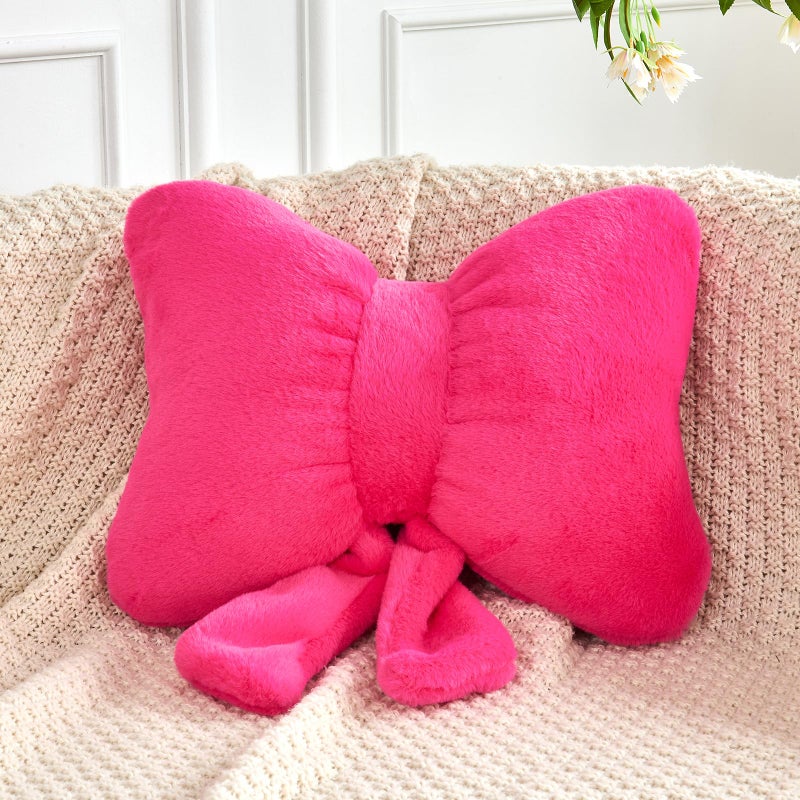 XVTRU Hot Pink Bow Pillow  Soft Bow Decorative Pillows with Faux Rabbit Fur  Cute 12"" Bow Throw Pillows  Aesthetic Home Decor Bow Shaped Plush Pillow for Bedroom Sofa Couch - Image 1