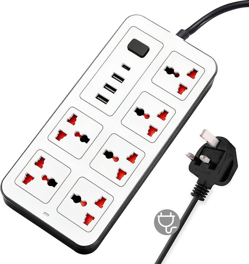 Necomi Universal Power Cord Expansion Lead Socket, Wall Plug Adapter,with (2.1A)3 x USB, 1 x Type C and 6 Group Smart Power Outlets, Surge Protection UK Plug Power Cord for Home Office (3M/White) - Image 1