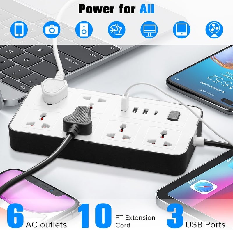 Necomi Universal Power Cord Expansion Lead Socket, Wall Plug Adapter,with (2.1A)3 x USB, 1 x Type C and 6 Group Smart Power Outlets, Surge Protection UK Plug Power Cord for Home Office (3M/White) - Image 3