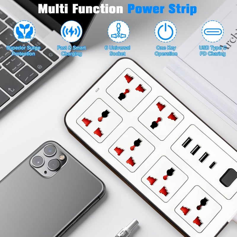 Necomi Universal Power Cord Expansion Lead Socket, Wall Plug Adapter,with (2.1A)3 x USB, 1 x Type C and 6 Group Smart Power Outlets, Surge Protection UK Plug Power Cord for Home Office (3M/White) - Image 4