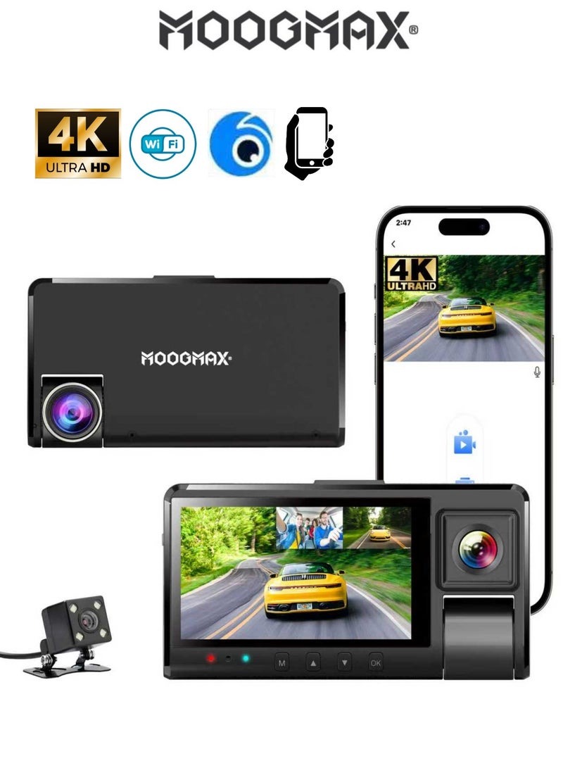 موجماكس داش كام 4k بجودة تصوير عالية الدقة والوضوح وبتطبيق للايفون والاندرويد. داش كام كاميرا للسياره للحماية اثناء الحوادث. ثلاث عدسات داش كام امامي وخلفي وداخلي بمدى تصوير امامي 170 درجة وخلفي 130، رؤية ليلية، تسجيل صوت، مستشعر G، ومستشعر حركة. - Image 1
