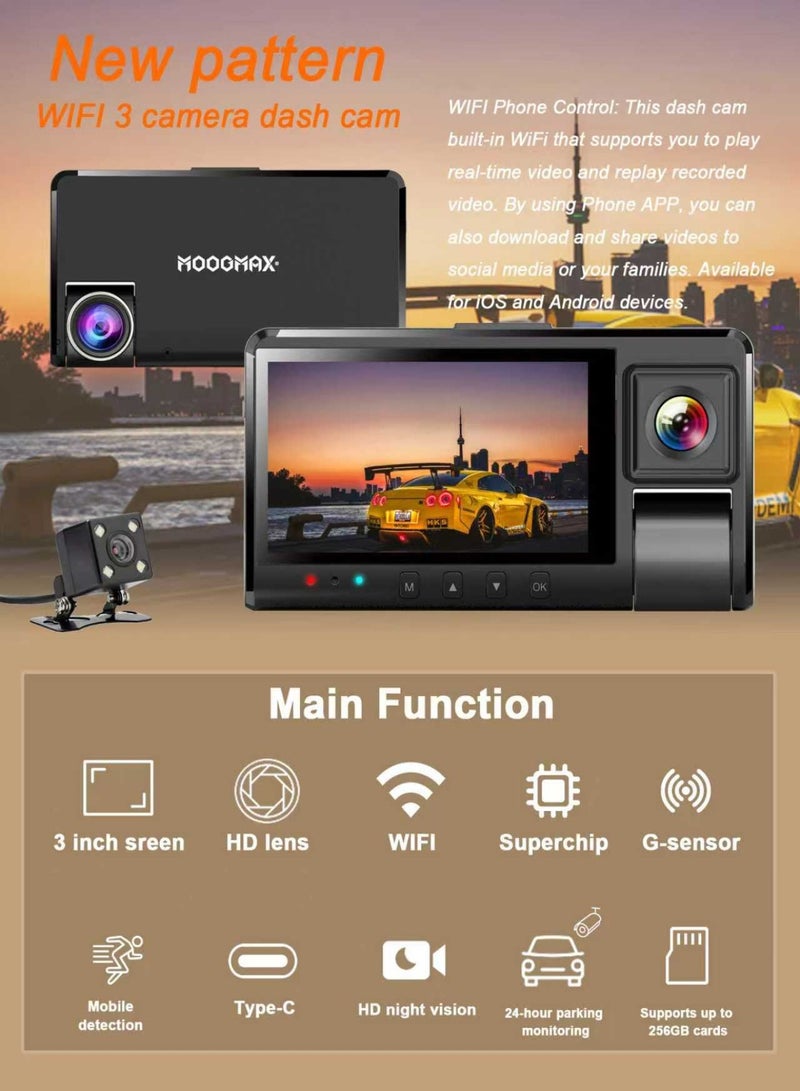 موجماكس داش كام 4k بجودة تصوير عالية الدقة والوضوح وبتطبيق للايفون والاندرويد. داش كام كاميرا للسياره للحماية اثناء الحوادث. ثلاث عدسات داش كام امامي وخلفي وداخلي بمدى تصوير امامي 170 درجة وخلفي 130، رؤية ليلية، تسجيل صوت، مستشعر G، ومستشعر حركة. - Image 2