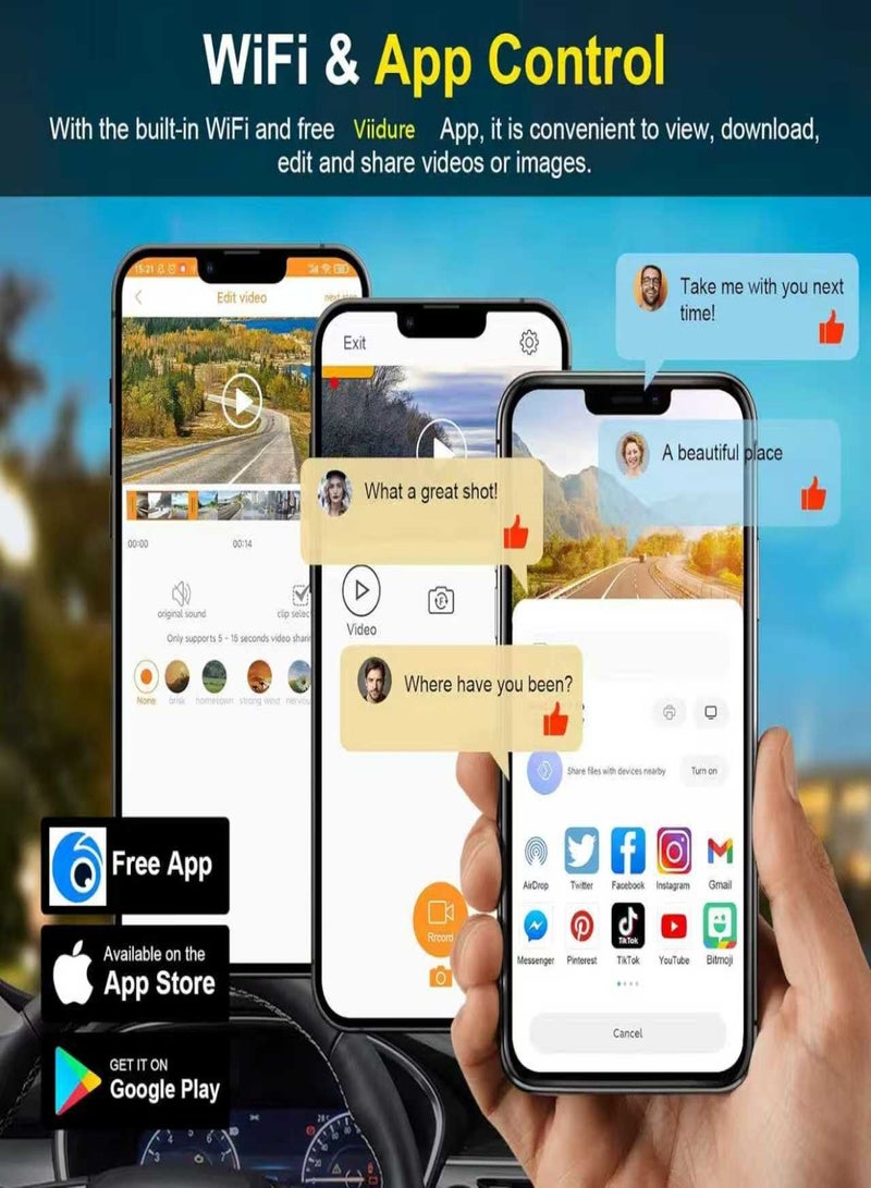موجماكس داش كام 4k بجودة تصوير عالية الدقة والوضوح وبتطبيق للايفون والاندرويد. داش كام كاميرا للسياره للحماية اثناء الحوادث. ثلاث عدسات داش كام امامي وخلفي وداخلي بمدى تصوير امامي 170 درجة وخلفي 130، رؤية ليلية، تسجيل صوت، مستشعر G، ومستشعر حركة. - Image 5