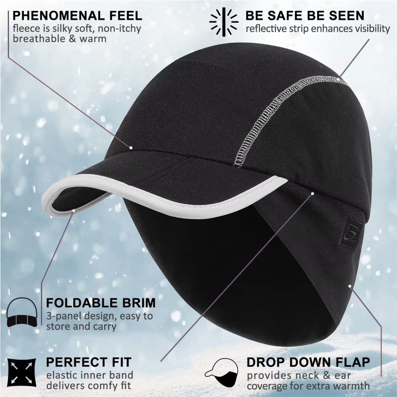 GADIEMKENSD Fleece Ball Cap with Drop Down Ear Warmer Foldable Brim Reflective Winter Running Hats for Women Mens Baseball Cap Earflap Covers for Outdoor Hunting Hiking Golf Snow Ski Unisex Black - Image 3