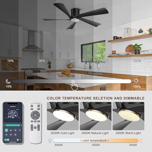 Ohniyou 52” Low Profile Ceiling Fan with Lights, Remote & APP Control Modern Flush Mount Indoor Outdoor Ceiling Fans, Dimmable, Silent DC Motor, Reversible, Black - Image 5
