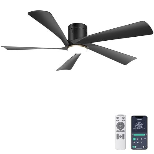 Ohniyou 52” Low Profile Ceiling Fan with Lights, Remote & APP Control Modern Flush Mount Indoor Outdoor Ceiling Fans, Dimmable, Silent DC Motor, Reversible, Black - Image 1