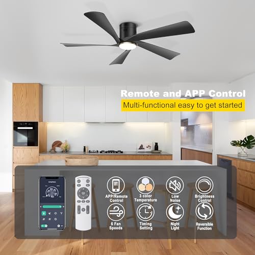 Ohniyou 52” Low Profile Ceiling Fan with Lights, Remote & APP Control Modern Flush Mount Indoor Outdoor Ceiling Fans, Dimmable, Silent DC Motor, Reversible, Black - Image 2