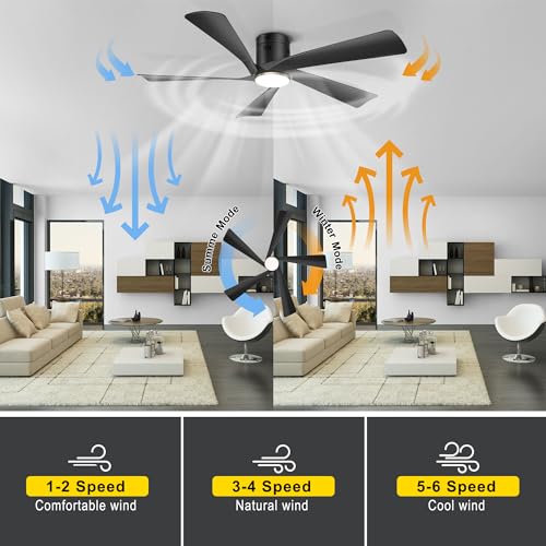 Ohniyou 52” Low Profile Ceiling Fan with Lights, Remote & APP Control Modern Flush Mount Indoor Outdoor Ceiling Fans, Dimmable, Silent DC Motor, Reversible, Black - Image 4