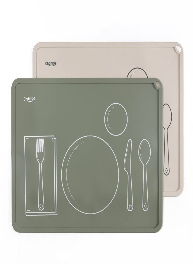 CHAMOS Montessori Placemat for Toddlers - Kids Silicone Mats for Dining Table - Set of 2 - Table Setting Learning (Sage and Beige) - Image 1