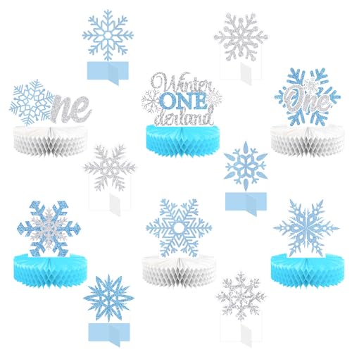 Lincia 12 Pcs Winter Onederland 1st Birthday Decorations Snowflake Honeycomb Blue Wonderland Table Centerpieces for Birthday Party Supplies - Image 1