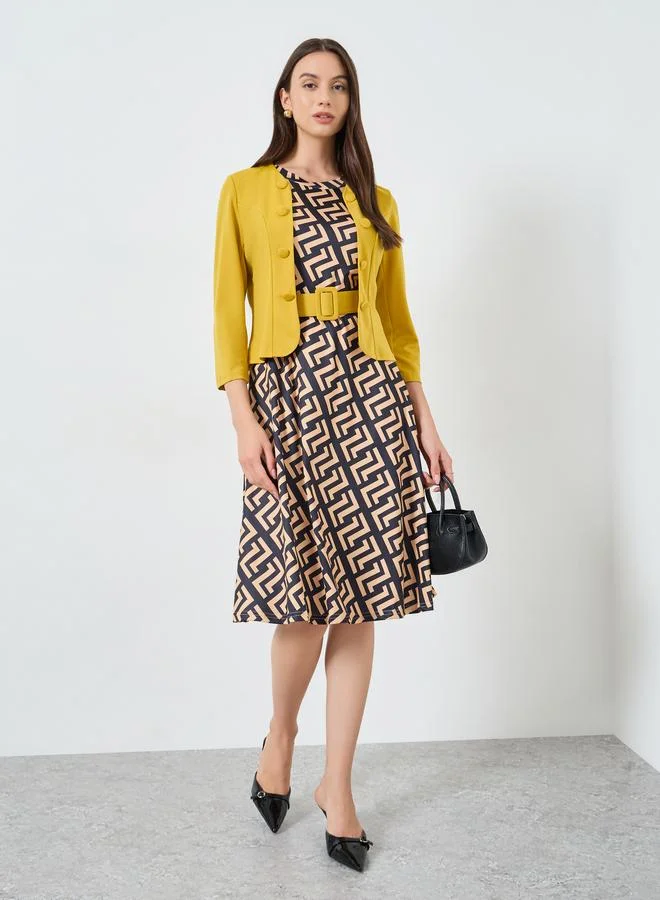 Solid Button Front Blazer and Geo Print A-Line Dress Co-Ords