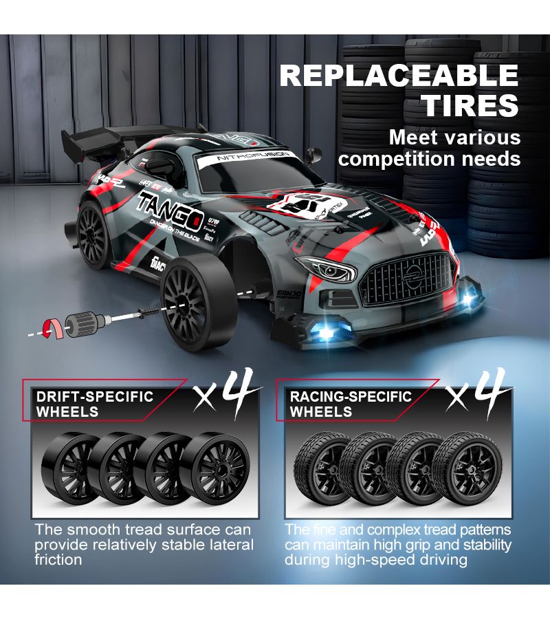 1 24 مقياس 4WD سيارة رياضية يتم التحكم بها عن بُعد مع أضواء LED وإطارات قابلة للتبديل سيارة سباق سوداء - Image 5