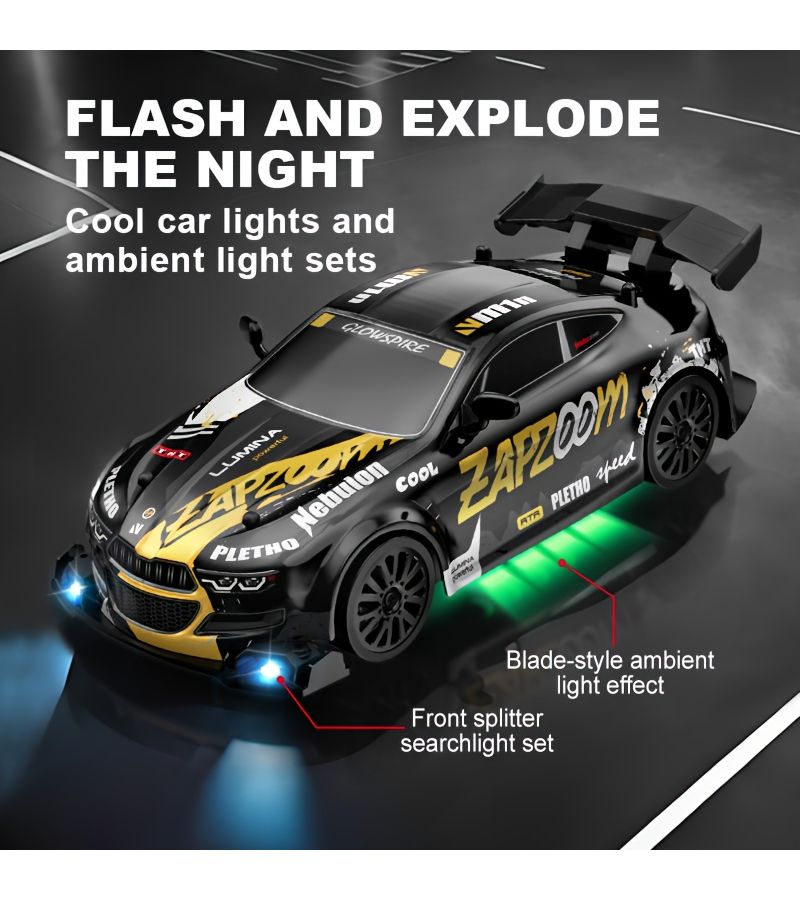 1 24 مقياس 4WD سيارة رياضية يتم التحكم بها عن بُعد مع أضواء LED وإطارات قابلة للتبديل سيارة سباق سوداء - Image 1