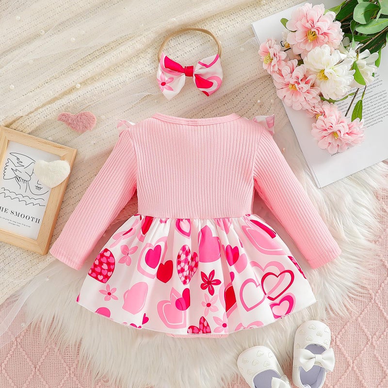 WOLBAY Newborn Infant Valentines Baby Girl Outfit Love Print Romper Drees Ruffles Bodysuit Jumpsuit Clothes And Headband (Pink, 3-6 Months) - Image 3