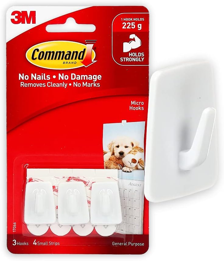 Command Micro Hooks, White, 3-Hooks, 4-Strips, Organize Damage-Free - Image 1