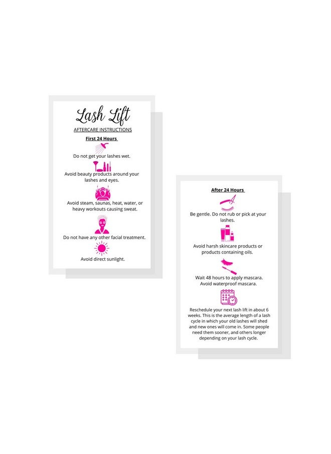 Boutique Marketing LLC - Lash Lift Aftercare Instruction Cards ; 50 Pack ; 2 X 3.5” Inches Business Card Size ; Starter Eyelash Lift Kit At Home Diy Aftercare Supplies ; White With Pink Icons Design - Image 1