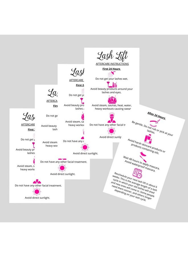 Boutique Marketing LLC - Lash Lift Aftercare Instruction Cards ; 50 Pack ; 2 X 3.5” Inches Business Card Size ; Starter Eyelash Lift Kit At Home Diy Aftercare Supplies ; White With Pink Icons Design - Image 1