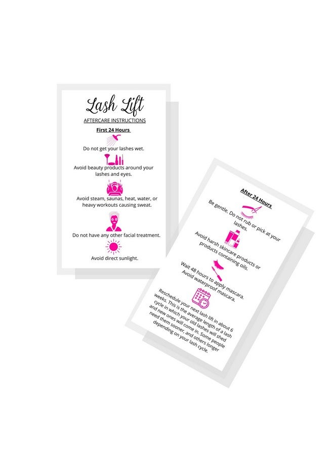 Boutique Marketing LLC - Lash Lift Aftercare Instruction Cards ; 50 Pack ; 2 X 3.5” Inches Business Card Size ; Starter Eyelash Lift Kit At Home Diy Aftercare Supplies ; White With Pink Icons Design - Image 1