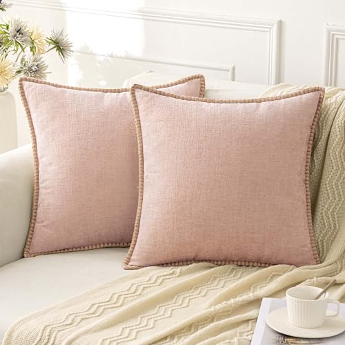 ANRODUO Pack of 2 Blush Pink Chenille Throw Pillow Covers 18x18 Inch Farmhouse Decorative Pillow Covers with Stitched Edge Soft Throw Pillows for Couch Sofa Bed and Living Room Fall Boho Home Decor - Image 1