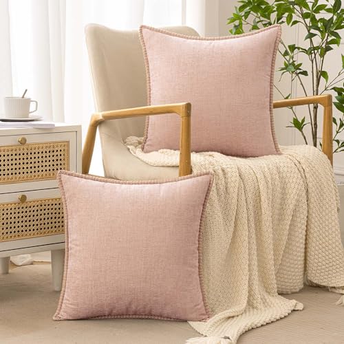 ANRODUO Pack of 2 Blush Pink Chenille Throw Pillow Covers 18x18 Inch Farmhouse Decorative Pillow Covers with Stitched Edge Soft Throw Pillows for Couch Sofa Bed and Living Room Fall Boho Home Decor - Image 3
