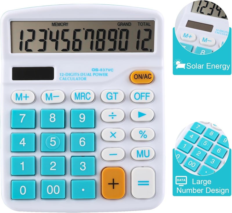 Meichoon Calculator Large Display Desktop Solar Battery Dual Power 12 Digit Financial Dedicated Standard Function Business Calculator Multifunctional KA08 Blue - Image 3