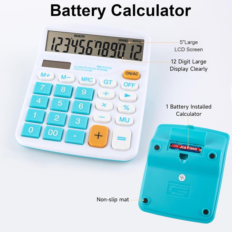 Meichoon Calculator Large Display Desktop Solar Battery Dual Power 12 Digit Financial Dedicated Standard Function Business Calculator Multifunctional KA08 Blue - Image 4