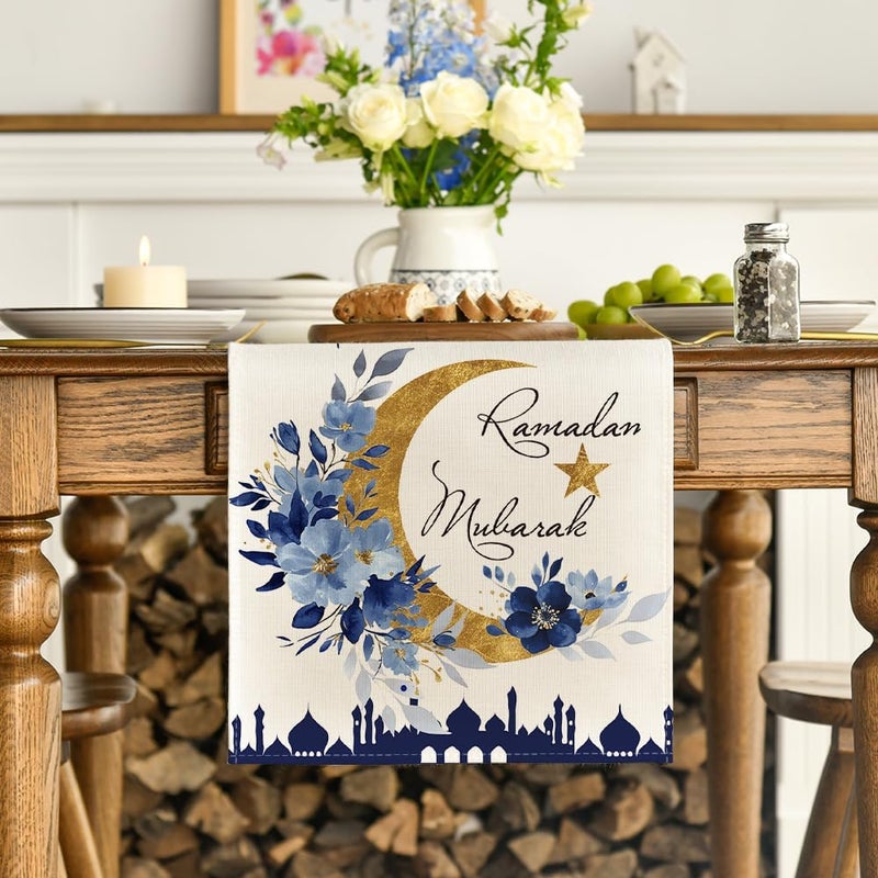 Artoid Mode Castle Lantern Flower Ramadan Table Runner, 13x36 Inch Seasonal Kitchen Dining Table Decoration for Home Party Decor - Image 2