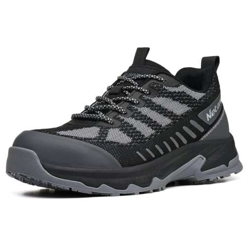 Netanac Steel Toe Shoes for Men,Lightweight Breathable Anti-Odor Safety Work Sneakers,Slip Resistant Durable Industrial Footwear,Size9.5 Grey - Image 1