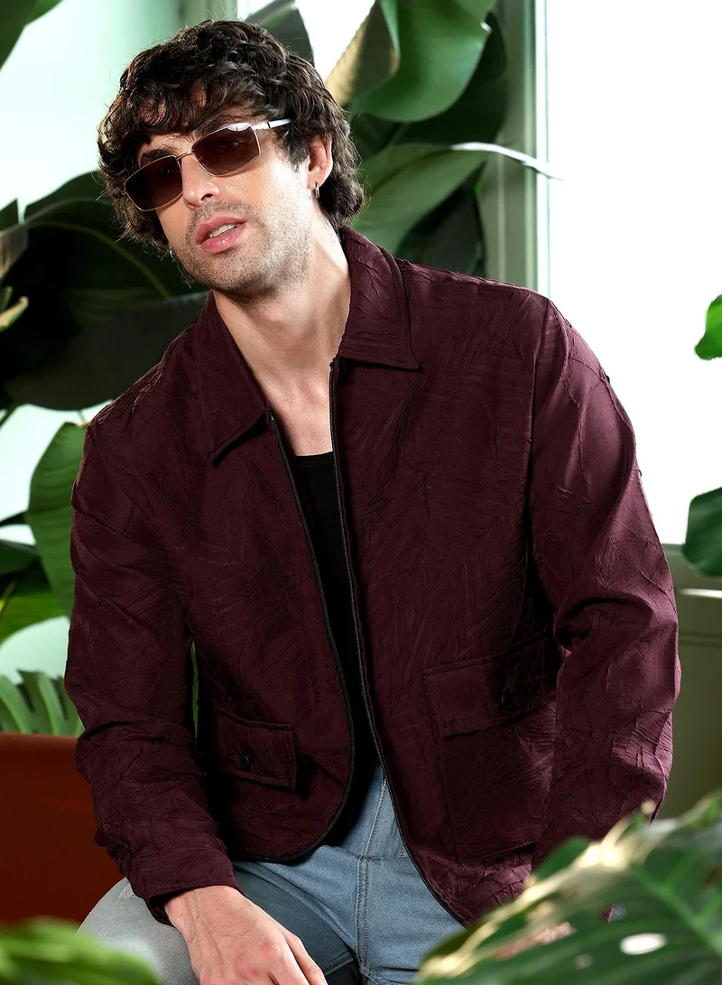 Campus Sutra Men Zip-Front Foliage-Tactile Bomber Jacket | Point Collar, Long Button-Cuff Sleeves | Zipper , Ribbed-Straight Hem | Solid Textured | Woven Fabric For Casual & Daily Wear | Wine Red