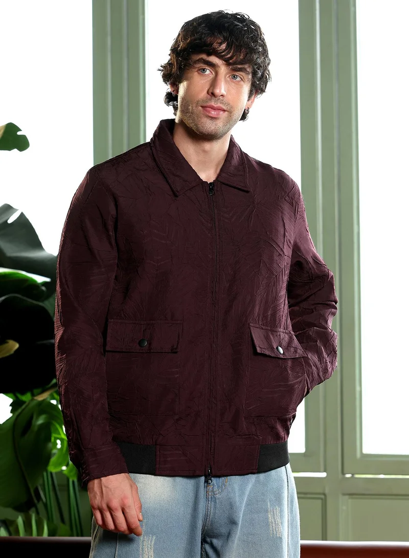 Campus Sutra Men Zip-Front Foliage-Tactile Bomber Jacket | Point Collar, Long Button-Cuff Sleeves | Zipper , Ribbed-Straight Hem | Solid Textured | Woven Fabric For Casual & Daily Wear | Wine Red