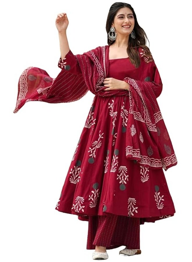 ANNI DESIGNER طقم أناركالي مطبوع من رايون مختلط للنساء من تصميم ANNI مع بنطال ودوبيتا | طقم كورتا بنطال دوبيتا تقليدي للنساء | ملابس هندية تقليدية | L - Image 1