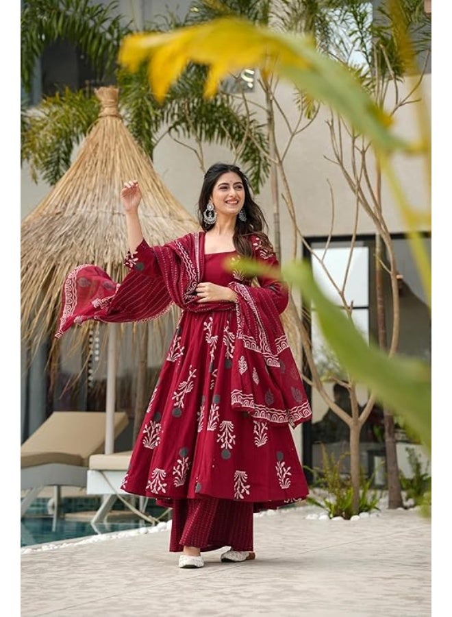 ANNI DESIGNER طقم أناركالي مطبوع من رايون مختلط للنساء من تصميم ANNI مع بنطال ودوبيتا | طقم كورتا بنطال دوبيتا تقليدي للنساء | ملابس هندية تقليدية | L - Image 2