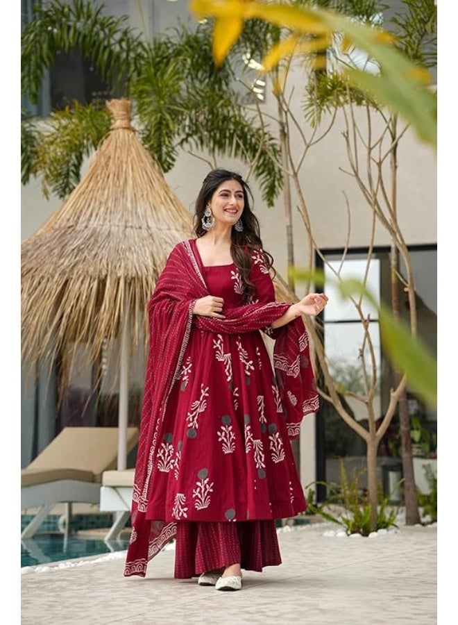 ANNI DESIGNER طقم أناركالي مطبوع من رايون مختلط للنساء من تصميم ANNI مع بنطال ودوبيتا | طقم كورتا بنطال دوبيتا تقليدي للنساء | ملابس هندية تقليدية | L - Image 3