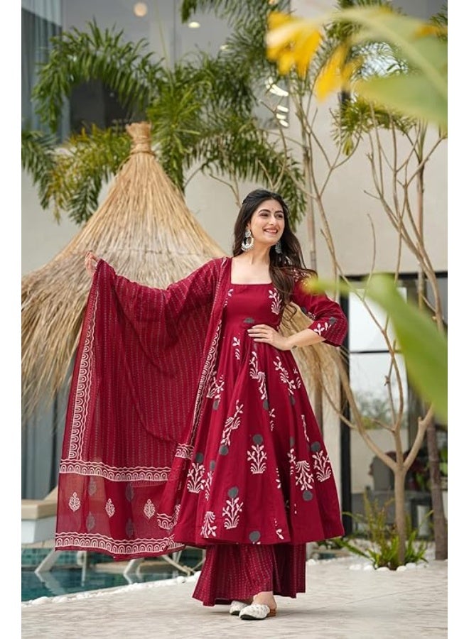 ANNI DESIGNER طقم أناركالي مطبوع من رايون مختلط للنساء من تصميم ANNI مع بنطال ودوبيتا | طقم كورتا بنطال دوبيتا تقليدي للنساء | ملابس هندية تقليدية | L - Image 4
