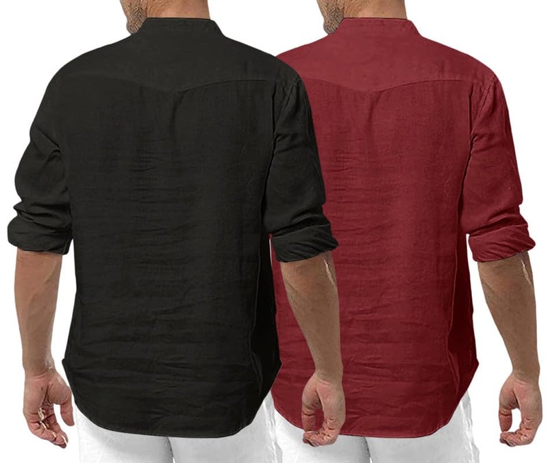 ROYALSCOUT Men's Cotton Polyester Blend Solid Regular Fit Full Sleeve Short Kurta | Ethnic, Lightweight Summer Kurta for Daily & Occasion Use Black-Maroon - Image 2