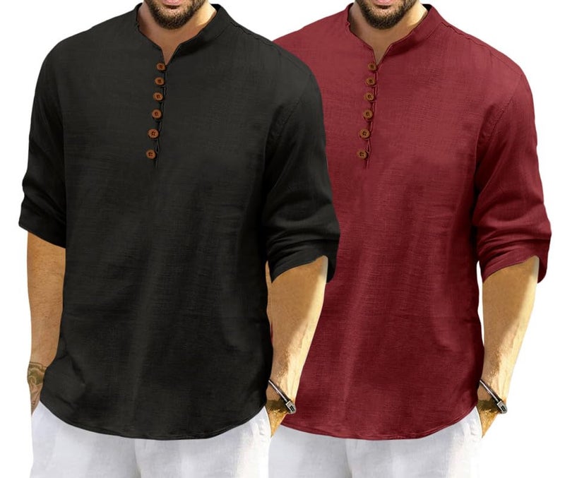 ROYALSCOUT Men's Cotton Polyester Blend Solid Regular Fit Full Sleeve Short Kurta | Ethnic, Lightweight Summer Kurta for Daily & Occasion Use Black-Maroon - Image 1