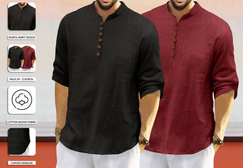 ROYALSCOUT Men's Cotton Polyester Blend Solid Regular Fit Full Sleeve Short Kurta | Ethnic, Lightweight Summer Kurta for Daily & Occasion Use Black-Maroon - Image 3