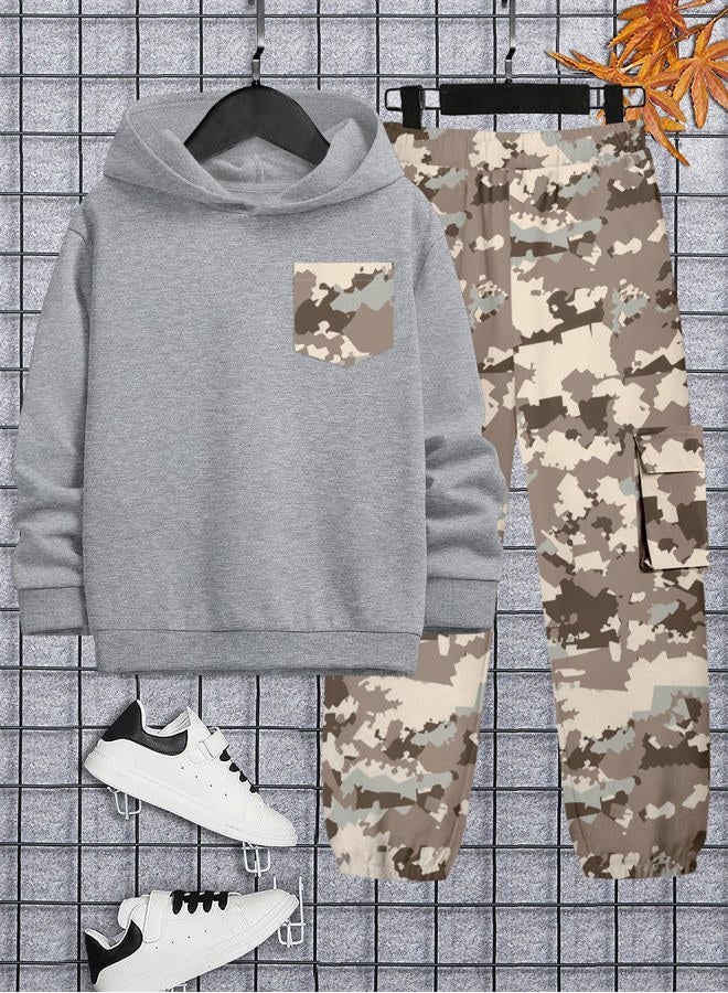 Kangkang Boys Clothes 2 Piece Long Sleeve Hooded Sweatshirt Top Camouflage Sweatpants Fall Winter Outfits Set 6-14T, Grey 2+camouflage Grey2, 7-8 Years - Image 5