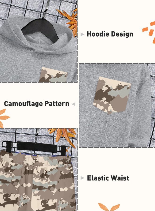 Kangkang Boys Clothes 2 Piece Long Sleeve Hooded Sweatshirt Top Camouflage Sweatpants Fall Winter Outfits Set 6-14T, Grey 2+camouflage Grey2, 7-8 Years - Image 4