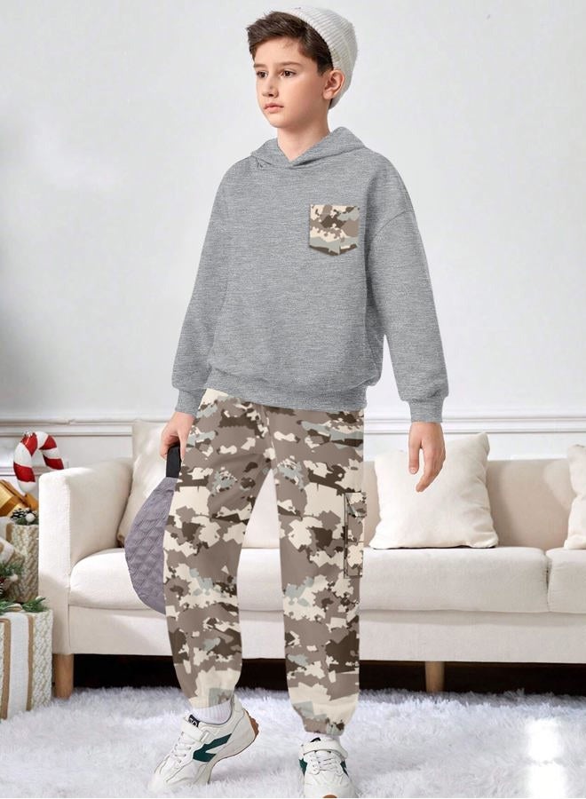 Kangkang Boys Clothes 2 Piece Long Sleeve Hooded Sweatshirt Top Camouflage Sweatpants Fall Winter Outfits Set 6-14T, Grey 2+camouflage Grey2, 7-8 Years - Image 3