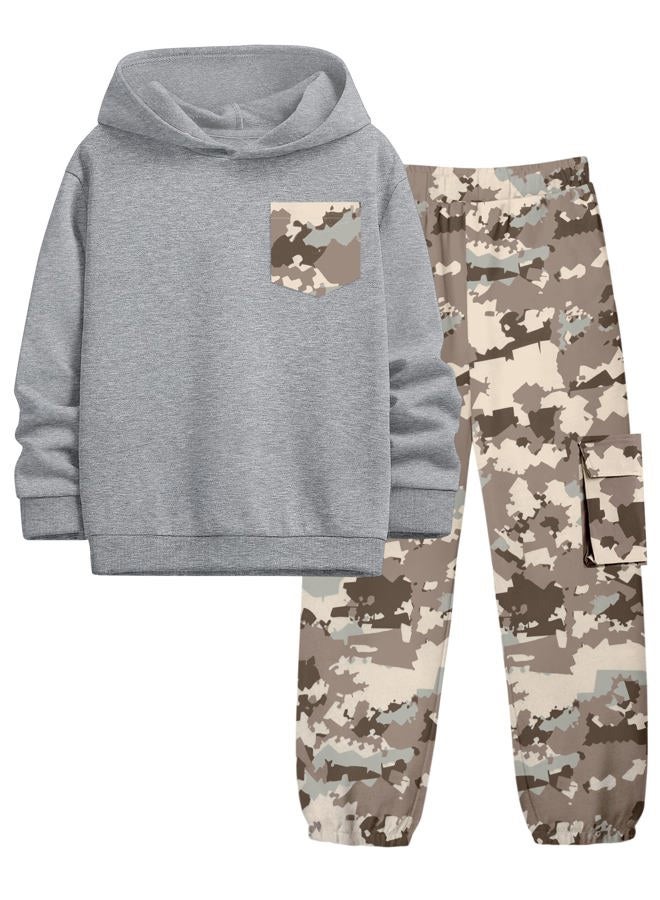 Kangkang Boys Clothes 2 Piece Long Sleeve Hooded Sweatshirt Top Camouflage Sweatpants Fall Winter Outfits Set 6-14T, Grey 2+camouflage Grey2, 7-8 Years - Image 1