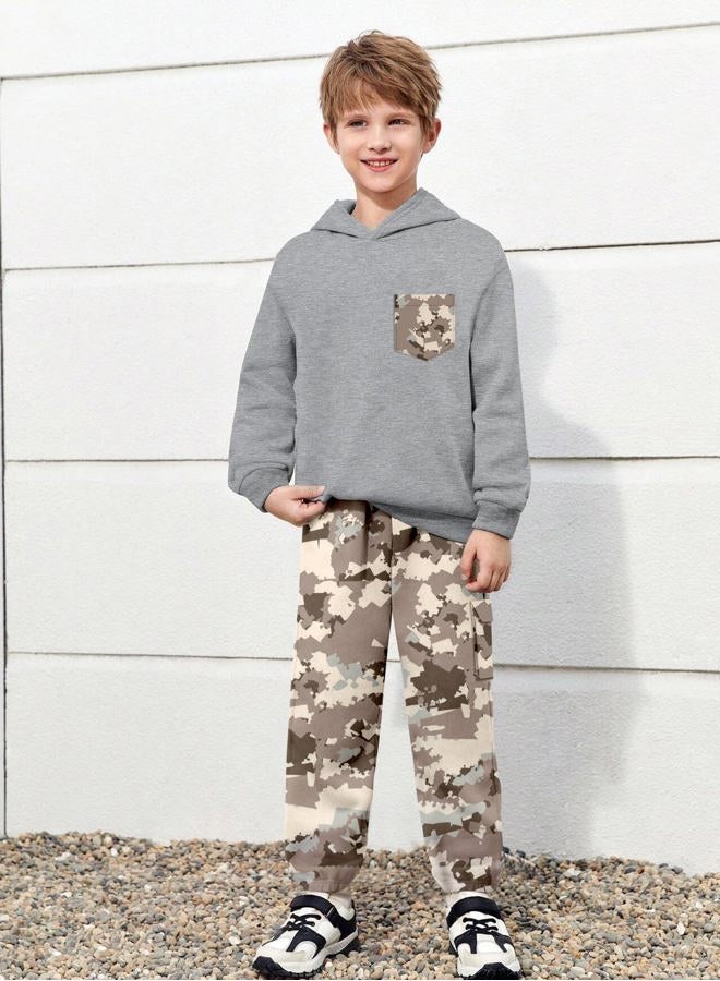 Kangkang Boys Clothes 2 Piece Long Sleeve Hooded Sweatshirt Top Camouflage Sweatpants Fall Winter Outfits Set 6-14T, Grey 2+camouflage Grey2, 7-8 Years - Image 2