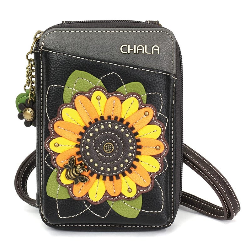 CHALA Wallet Crossbody Cell Phone Purse Women Faux Leather Multicolor Handbag with Adjustable Strap Sunflower black