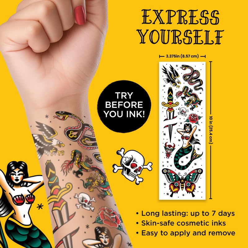 Savvi - 18 American Traditional Temporary Tattoos: Skin-Safe Ink, Great for Parties and Everyday Wear,Gifts for Teens and Adults, Made in the USA [2 sheets, 18 count] - Image 3