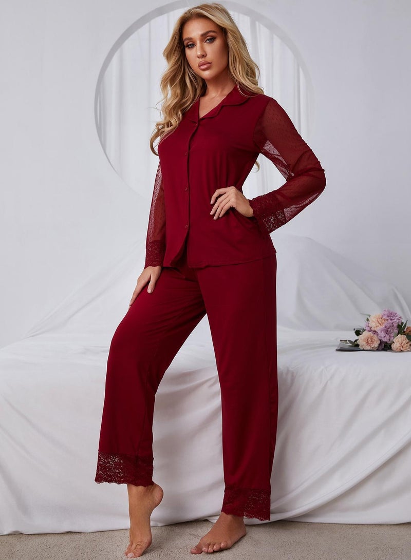 Loquat Women's Lace Stitching Loose 2-Piece Set Pajamas Long Sleeve Lapel Top And Pants Soft Loungewear Nightgown Suit Leisure Wear Red  - Image 2