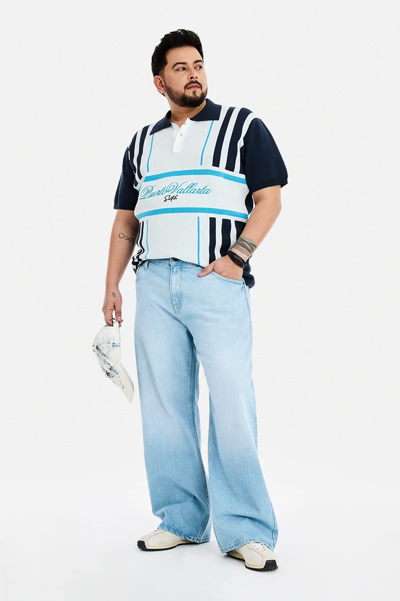 SNITCH Light Blue Textured Loose Fit Plus Size Jeans