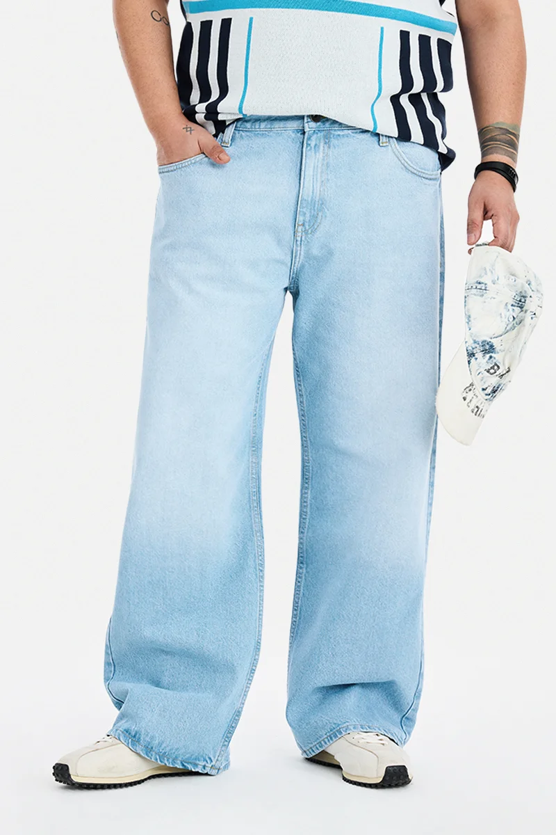 SNITCH Light Blue Textured Loose Fit Plus Size Jeans