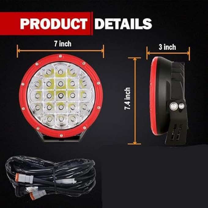 ريحني أضواء LED دائرية للطرق الوعرة مقاس 7 بوصات باللون الأحمر قطعتين 210 وات 32000 لومن أضواء LED للطرق الوعرة فائقة السطوع أضواء القيادة أضواء الطرق الوعرة الكهرمانية مع تسخير الأسلاك 12 فولت 24 فولت لشاحنات البيك أب والمركبات الرباعية والمركبات متعددة الاستخدامات - Image 2