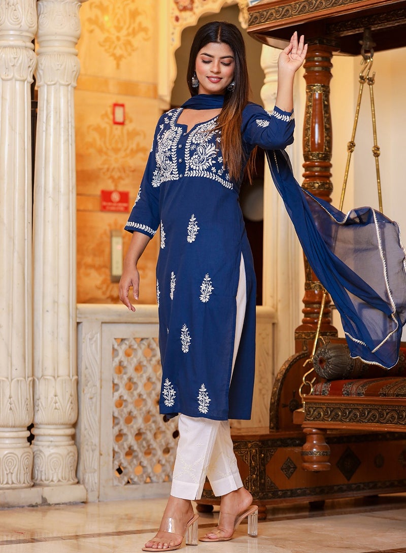 Swadesh Souq Navy Blue Lucknowi Chikankari Kurta Pant Set with Dupatta  - Image 1